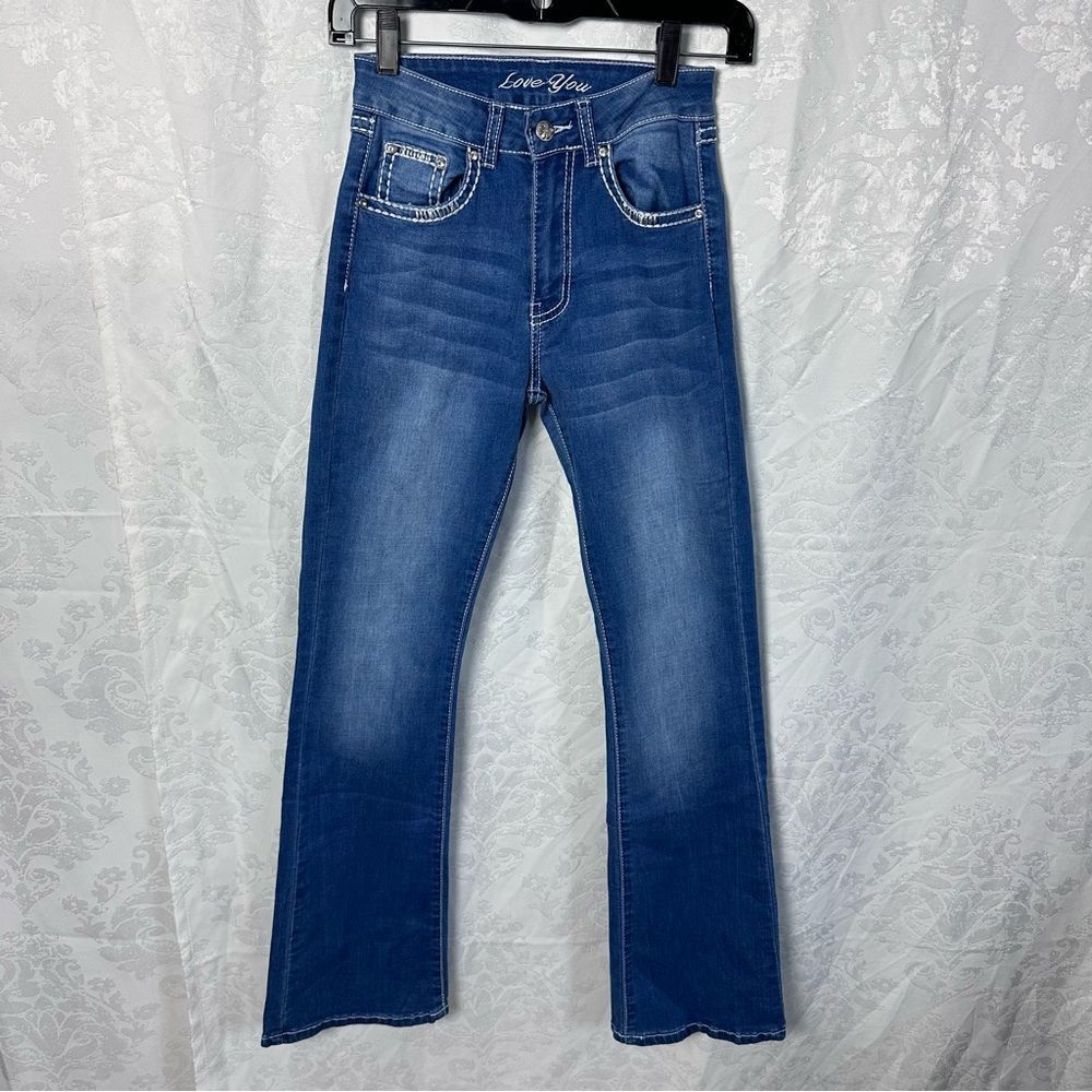 “LOVE‎ YOU”EMBELLISHED Blue High-Waisted Jeans